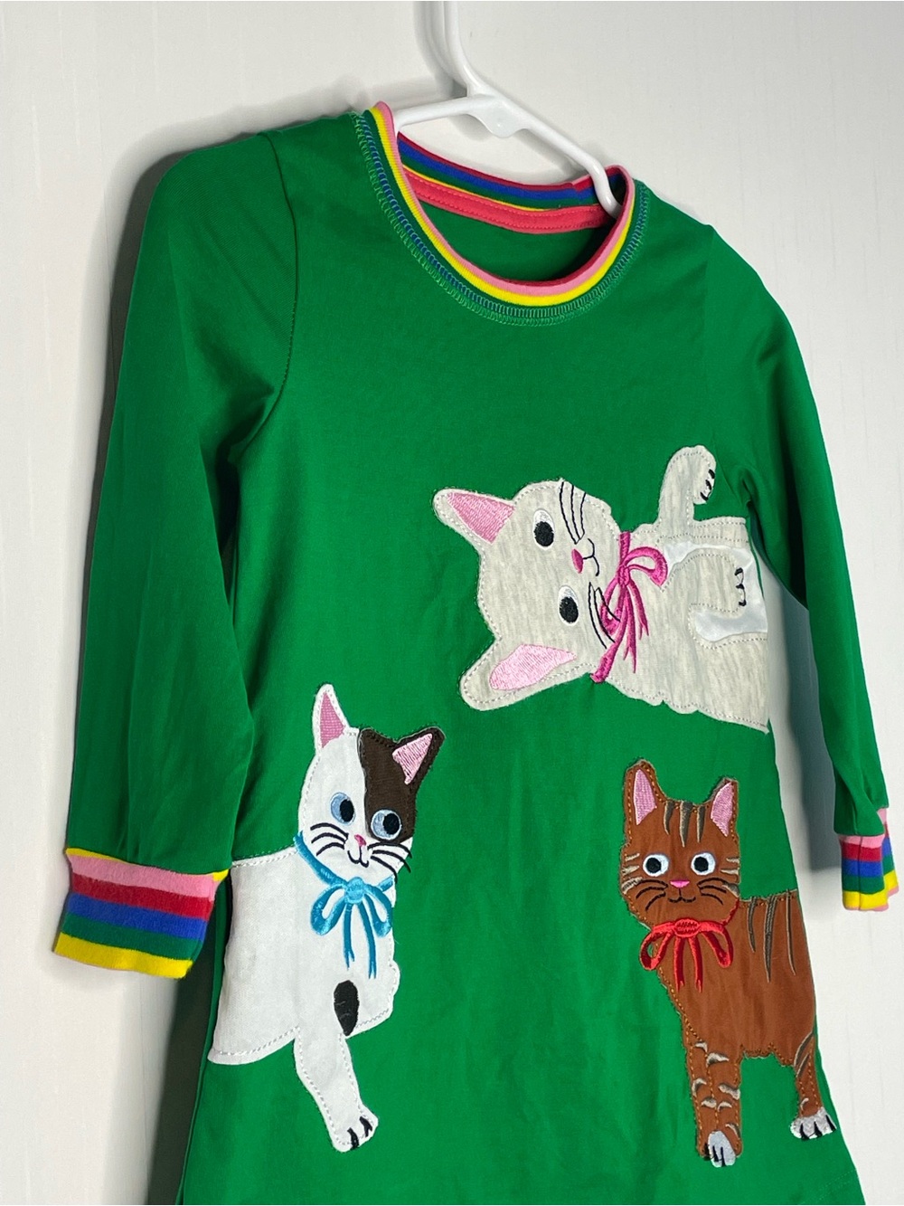 Green Kids Dress with Playful Cat Appliqués Crewneck LS 2Y - Picture 4 of 11